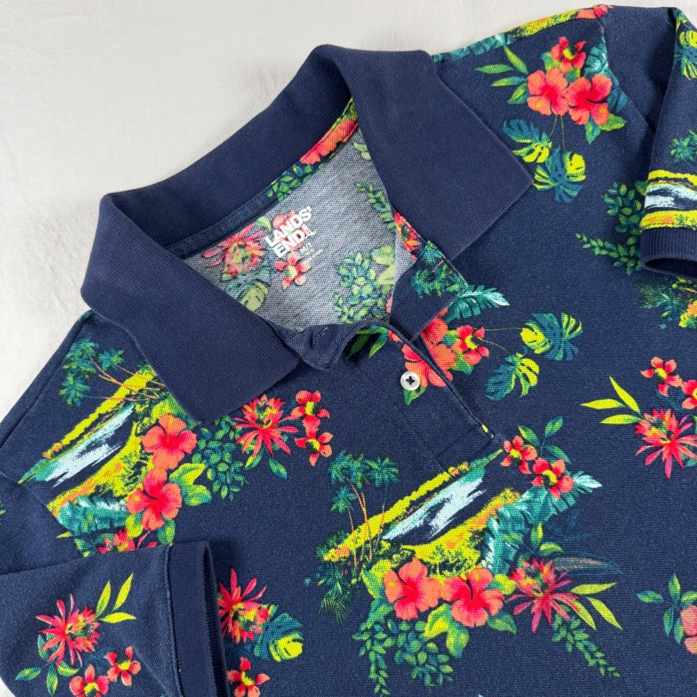 Lands' End Navy Tropical Floral Polo